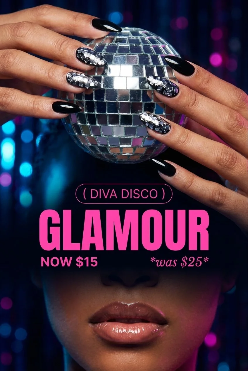 Black Gloss Press On Nails: Silver Foil Diva Disco - Choose Your Shape