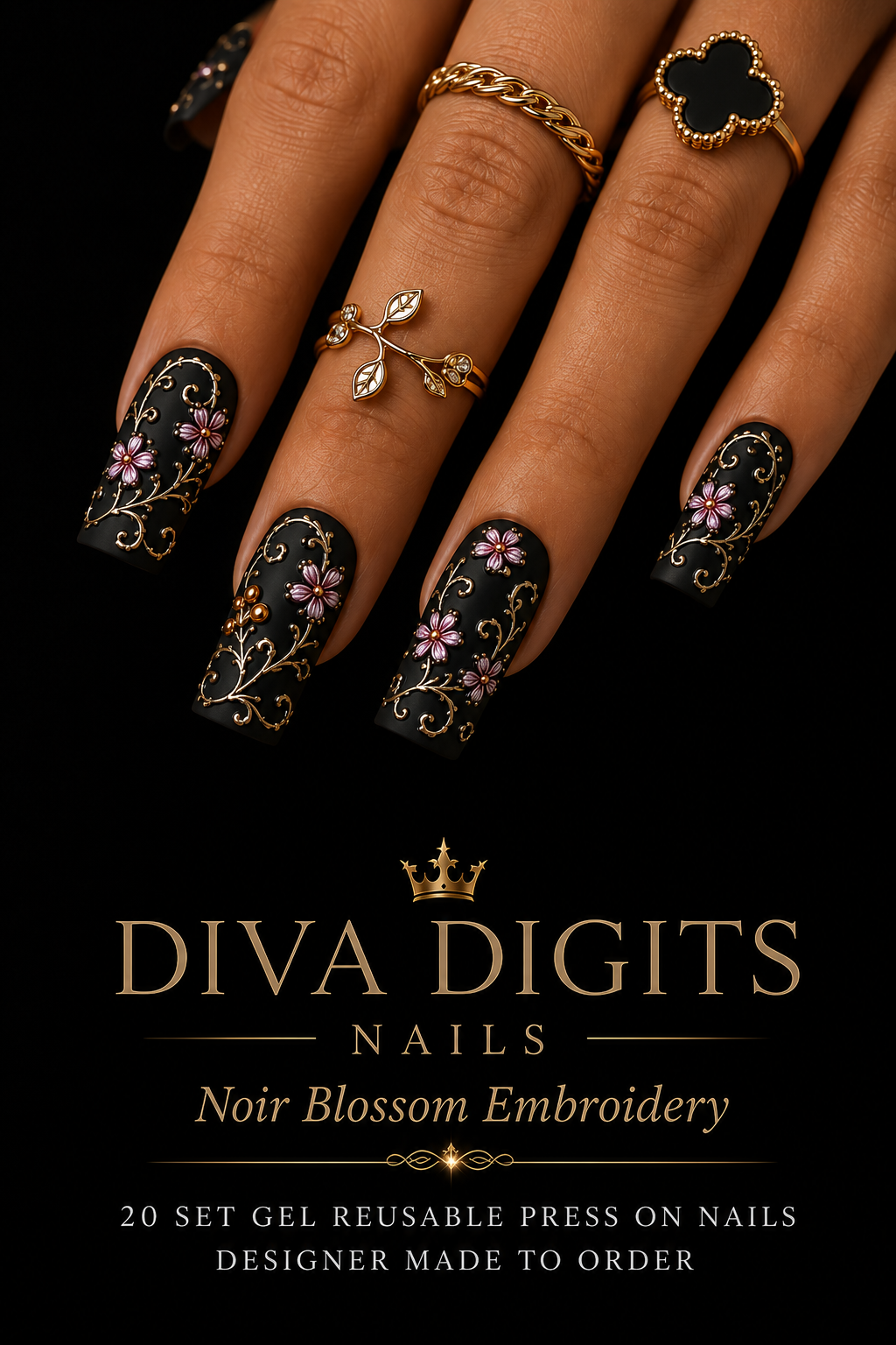 Noir Blossom Embroidery | New Gel Technology Waterslide Decals™ | Diva Digits