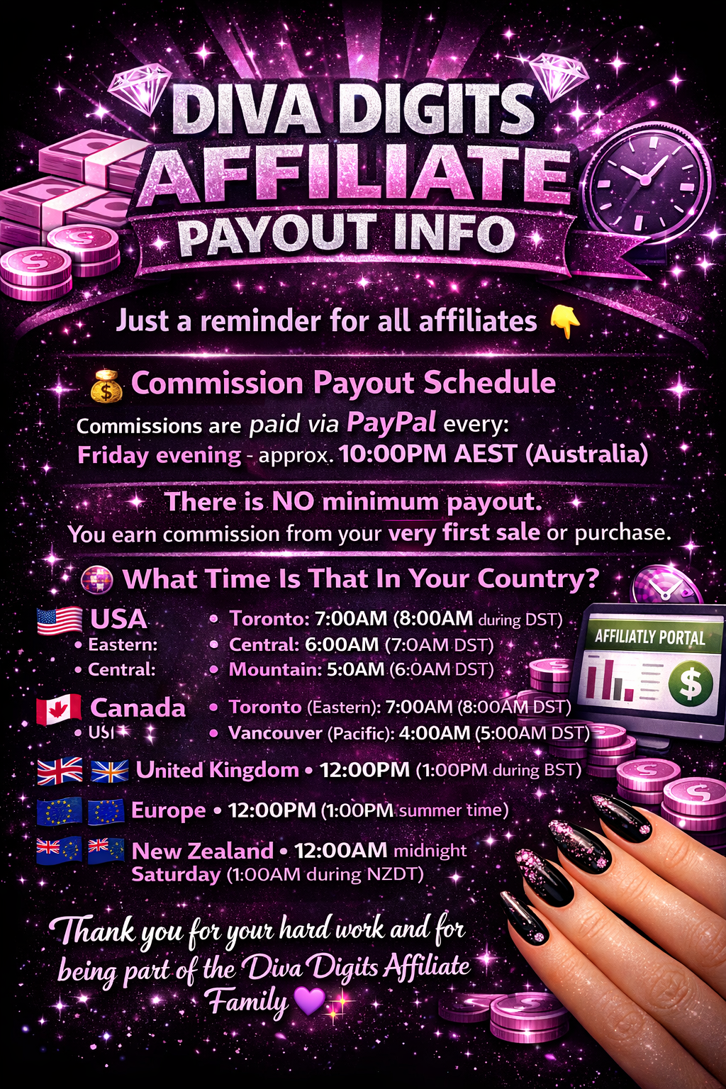 A promotional digital graphic poster for Diva Digits Affiliate Payout Info, featuring a purple starry background with images of diamonds, coins, and a clock. It provides payout schedule details, currency time zones for various countries, and a reminder for affiliates.