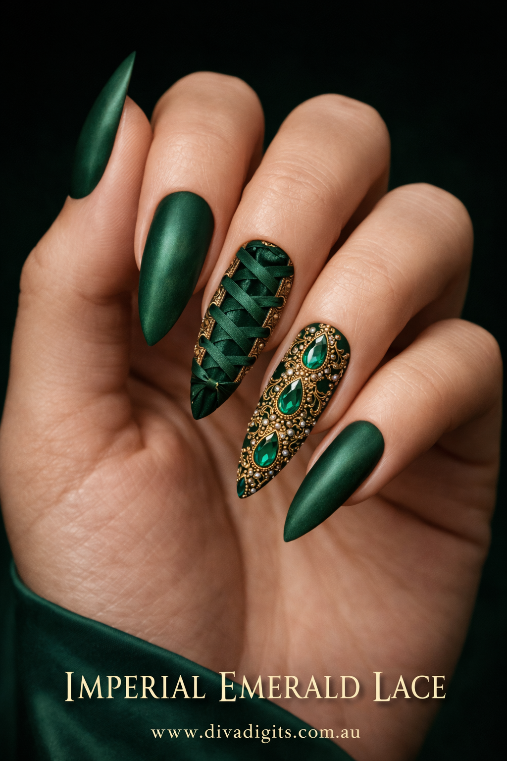 Imperial Emerald Lace – Couture Emerald & Gold Corset Nail Design | Waterslide Decals or 20-Piece Gel Press-On Nails | Diva Digits