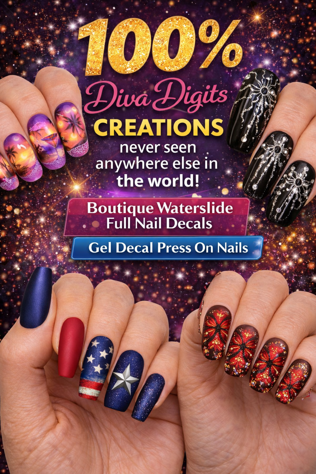 A promotional image showcasing various nail art designs with a sparkling galaxy background. The text promotes DivaDigits creations, emphasizing their unique full nail decals and gel decal press-on nails, with examples of patriotic and fireworks-themed nail art.