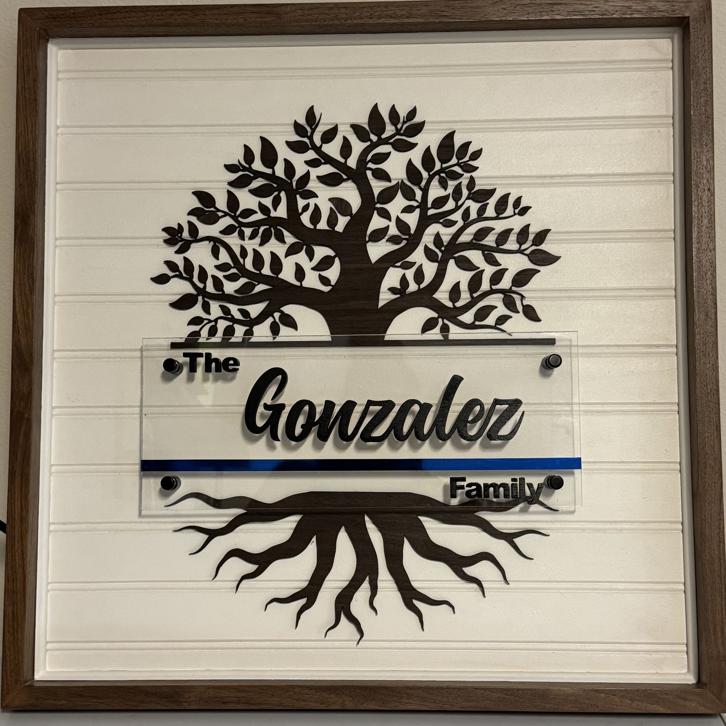 Custom handmade dark oak frame, laser cut tree & personalized family name.