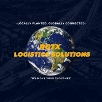 Logo with a globe of Earth displaying continents, surrounded by a dark background with circuitry design. Text over the globe reads 'Locally Planted, Globally Connected' at the top and 'RTX Logistics Solutions' in orange and yellow in the center, with the tagline 'We move your thoughts' at the bottom.