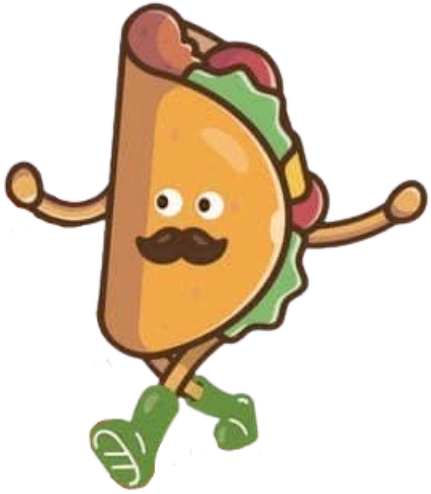Animated hot dog character with sausage body, green lettuce, red ketchup, and yellow mustard, wearing green boots and a black mustache, with arms outstretched.