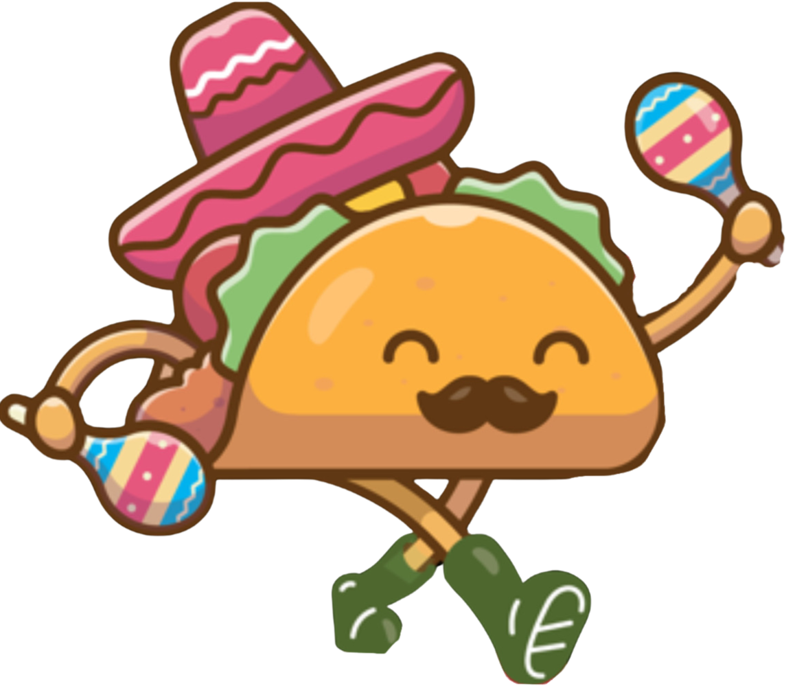A cute cartoon taco character with a mustache, holding maracas, wearing a sombrero and green shoes, smiling
