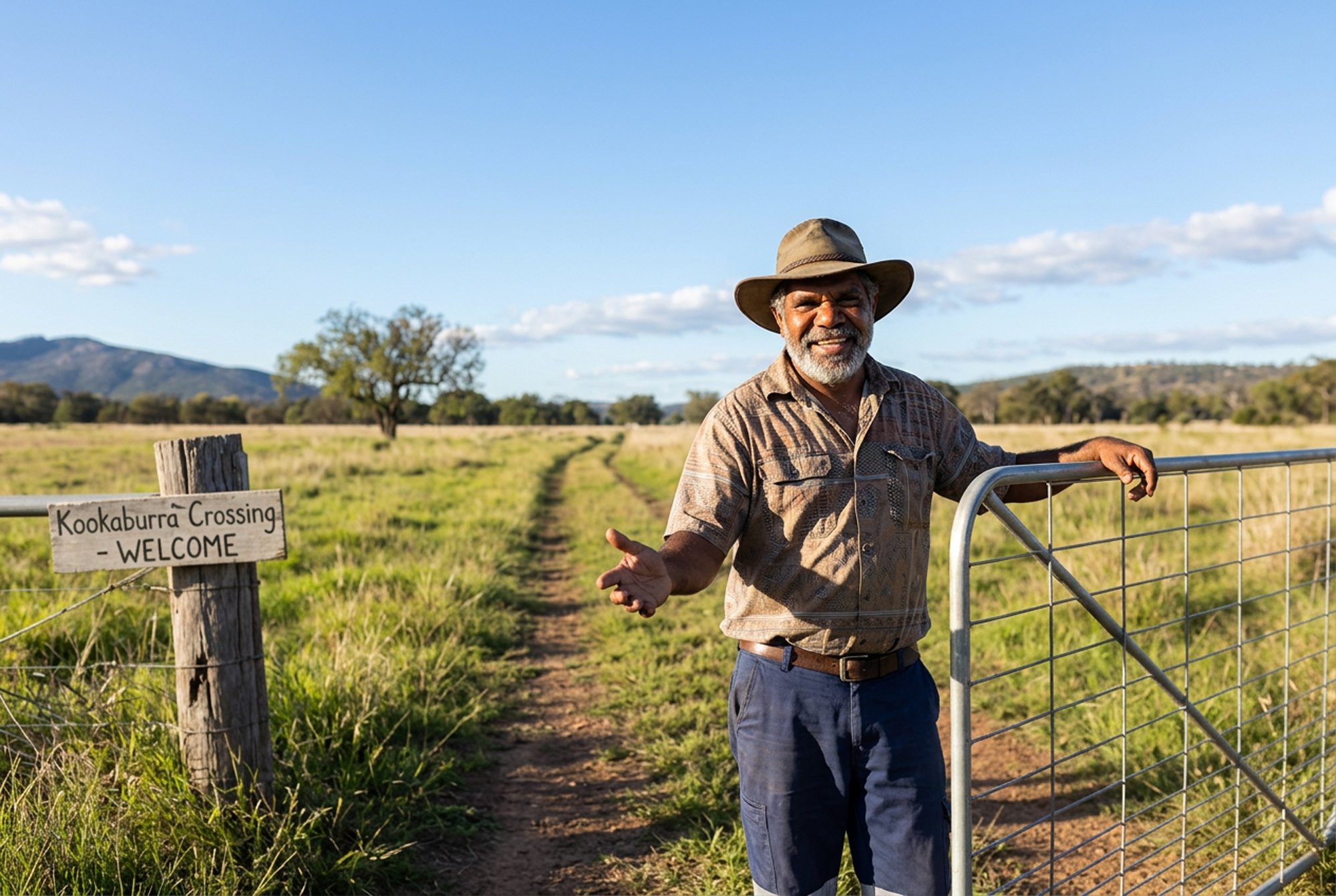 A man standing next to a gate at the Kookaburra Crossing in an open rural field, smiling and gesturing with his hand, with a sign that reads "Kookaburra Crossing - WELCOME". There are trees and mountains in the background under a partly cloudy sky.