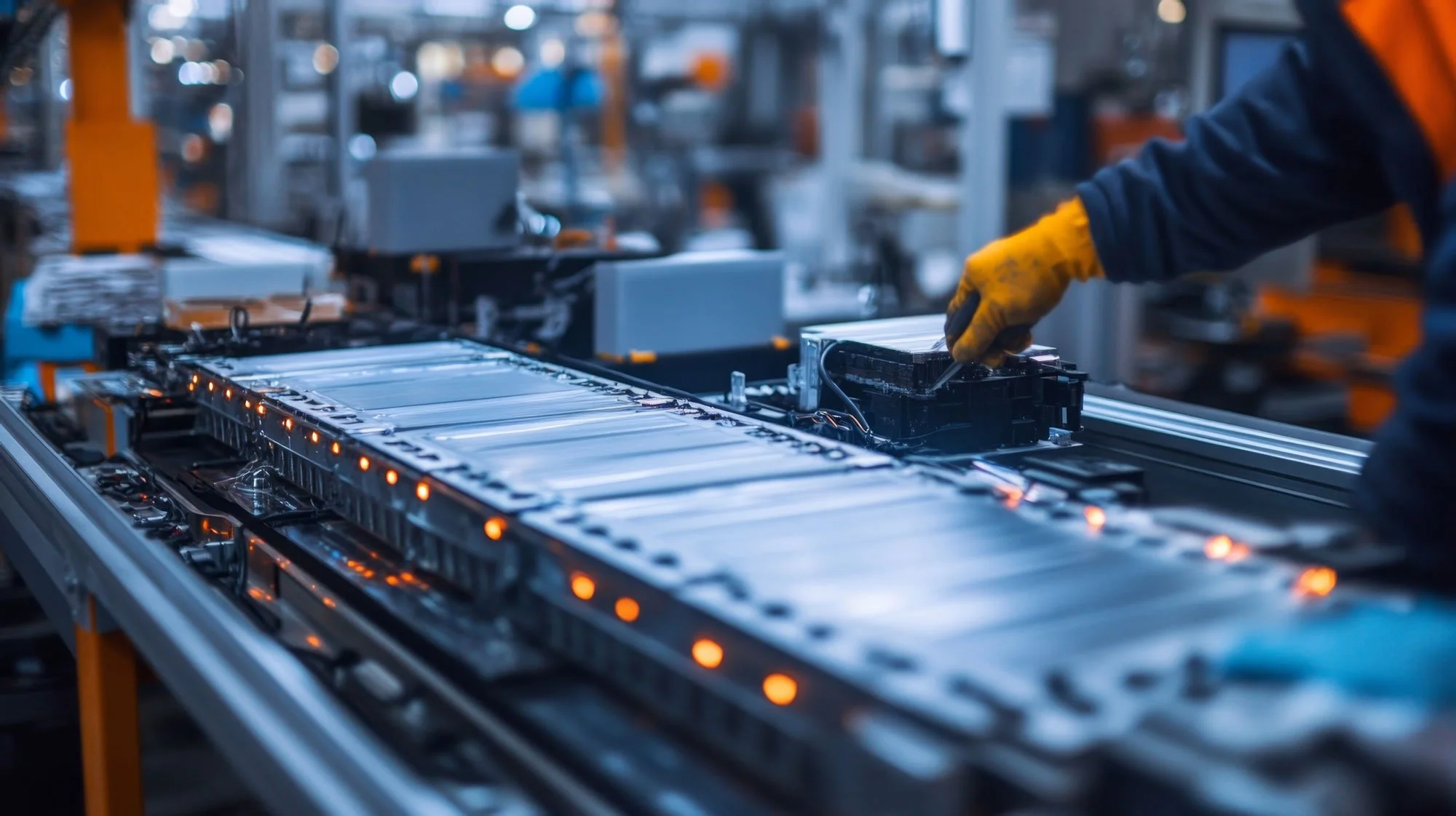 A technician working on a large electric battery assembly line in a factory.