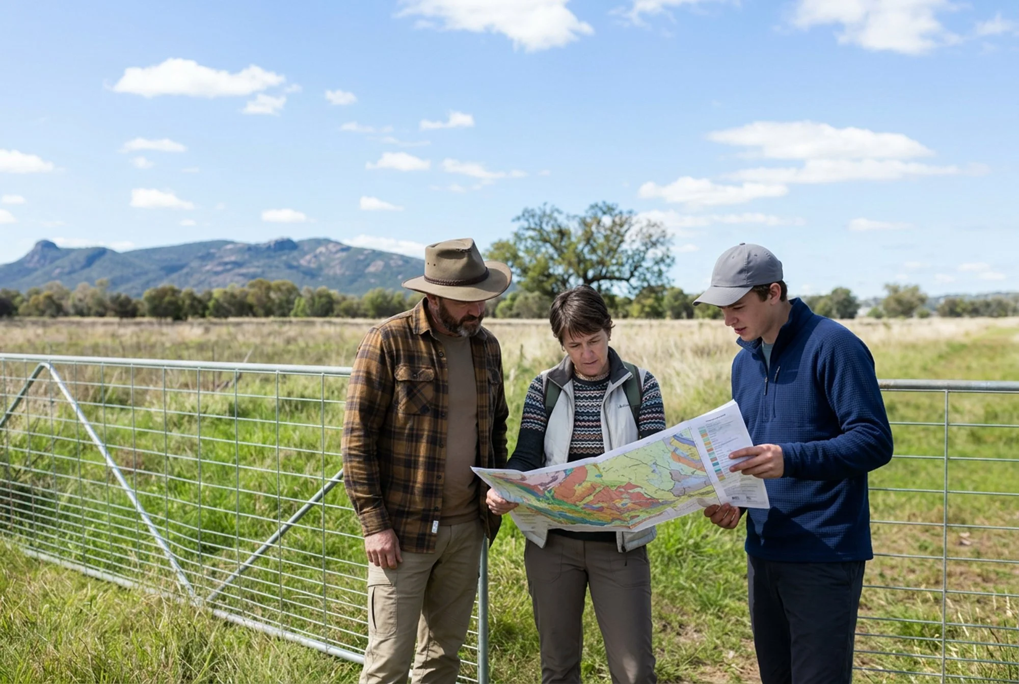 Three people outdoors examining a map near a metal fence in a grassy field with mountains in the background on a partly cloudy day.