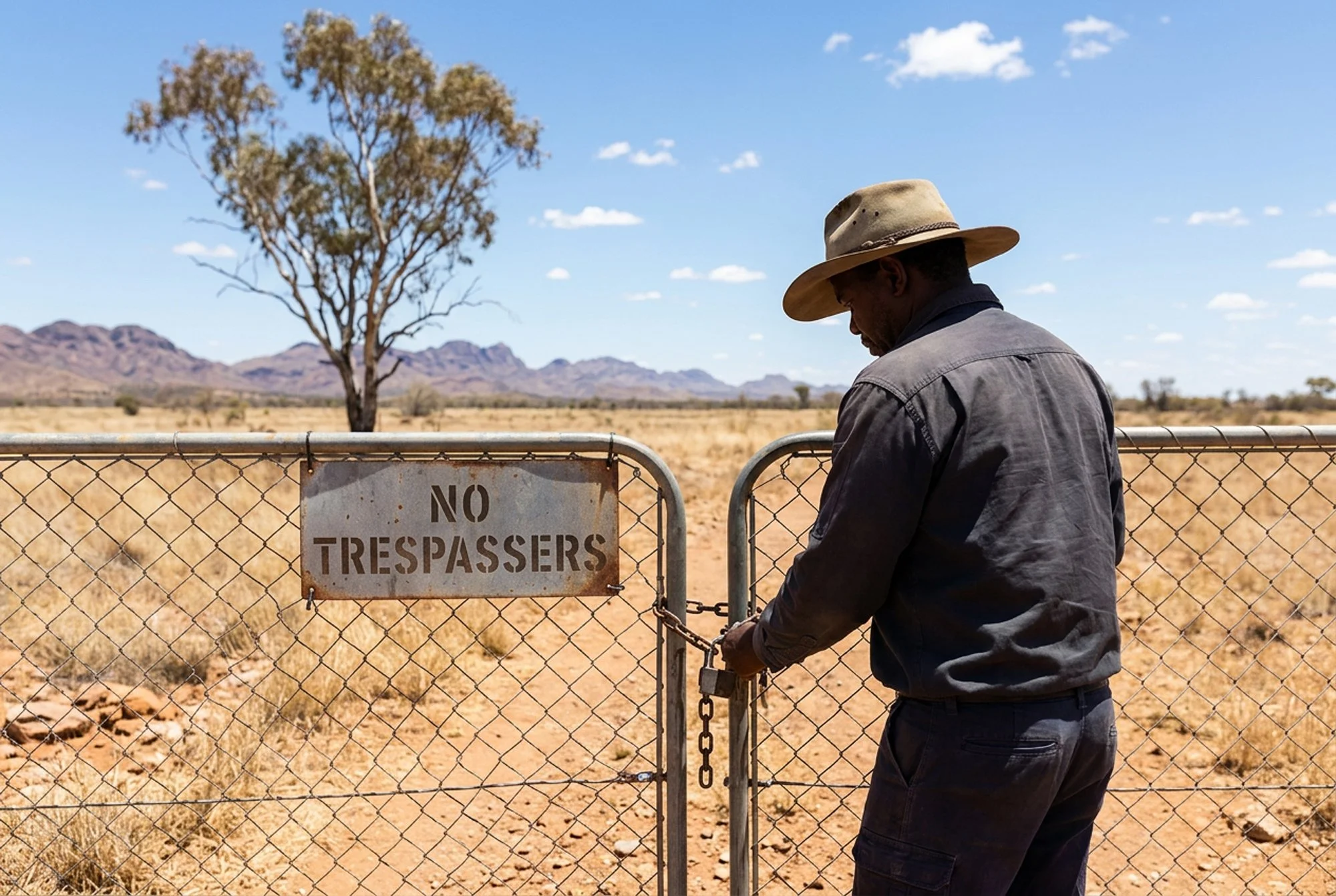 Man in a black shirt and wide-brimmed hat locking a gate with a 'No Trespassers' sign in a desert landscape with mountains and a sparse tree in the background.