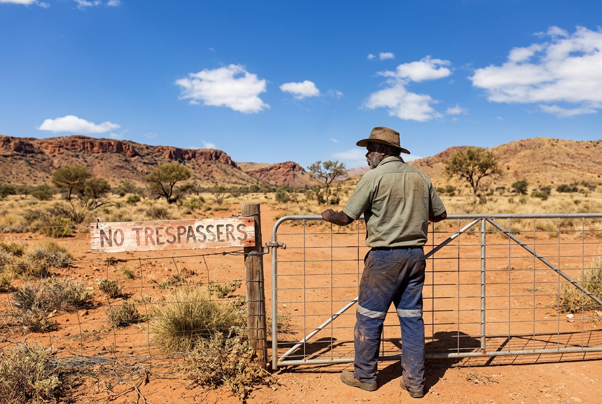 A man wearing a hat and work clothes standing by a metal gate in a desert landscape with a 'No Trespassers' sign, mountains, and sparse vegetation under a blue sky with clouds.