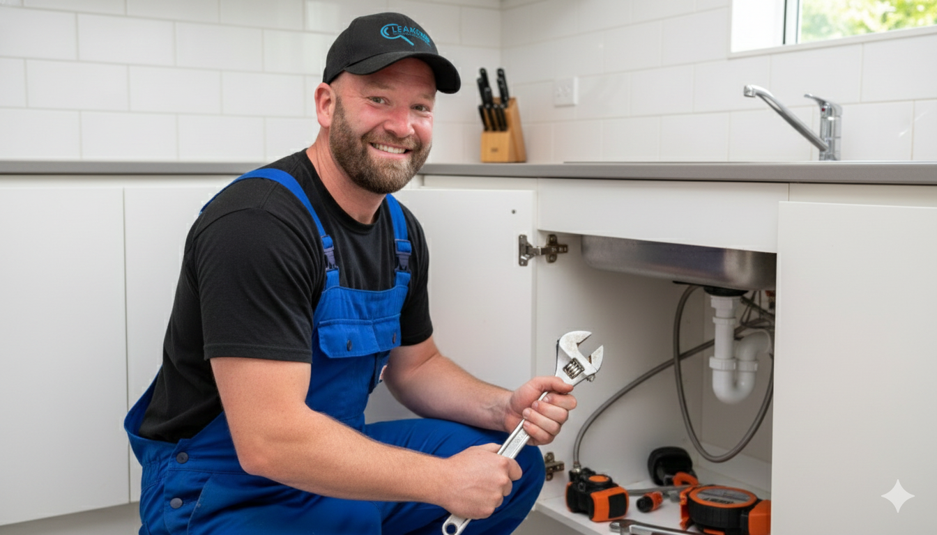 A smiling plumber wearing a black cap, black shirt, and blue overalls, kneeling under a kitchen sink holding a wrench, with tools on the floor beside him.