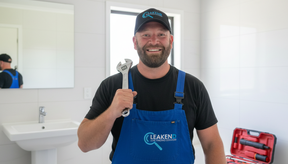 A smiling man wearing a black cap, black shirt, and blue work apron holding a wrench inside a bright bathroom with a sink, mirror, and window.