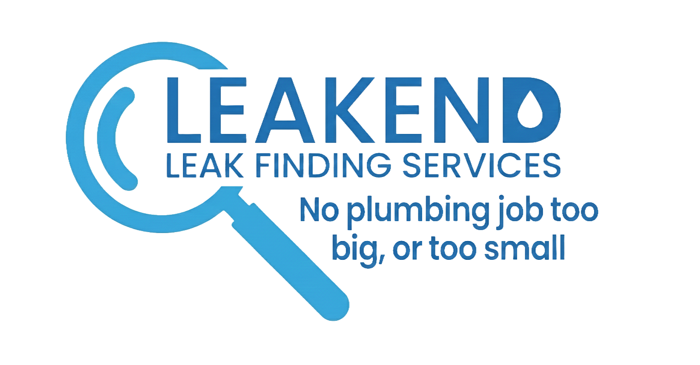 Logo for LeakEnd leak finding services featuring a magnifying glass with the company name and slogan