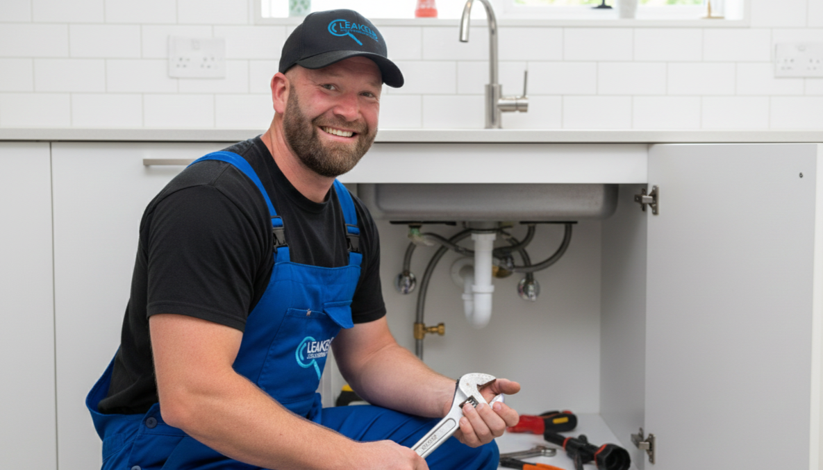 A smiling plumber in blue overalls holding a wrench, working under a kitchen sink in a bright, clean kitchen.