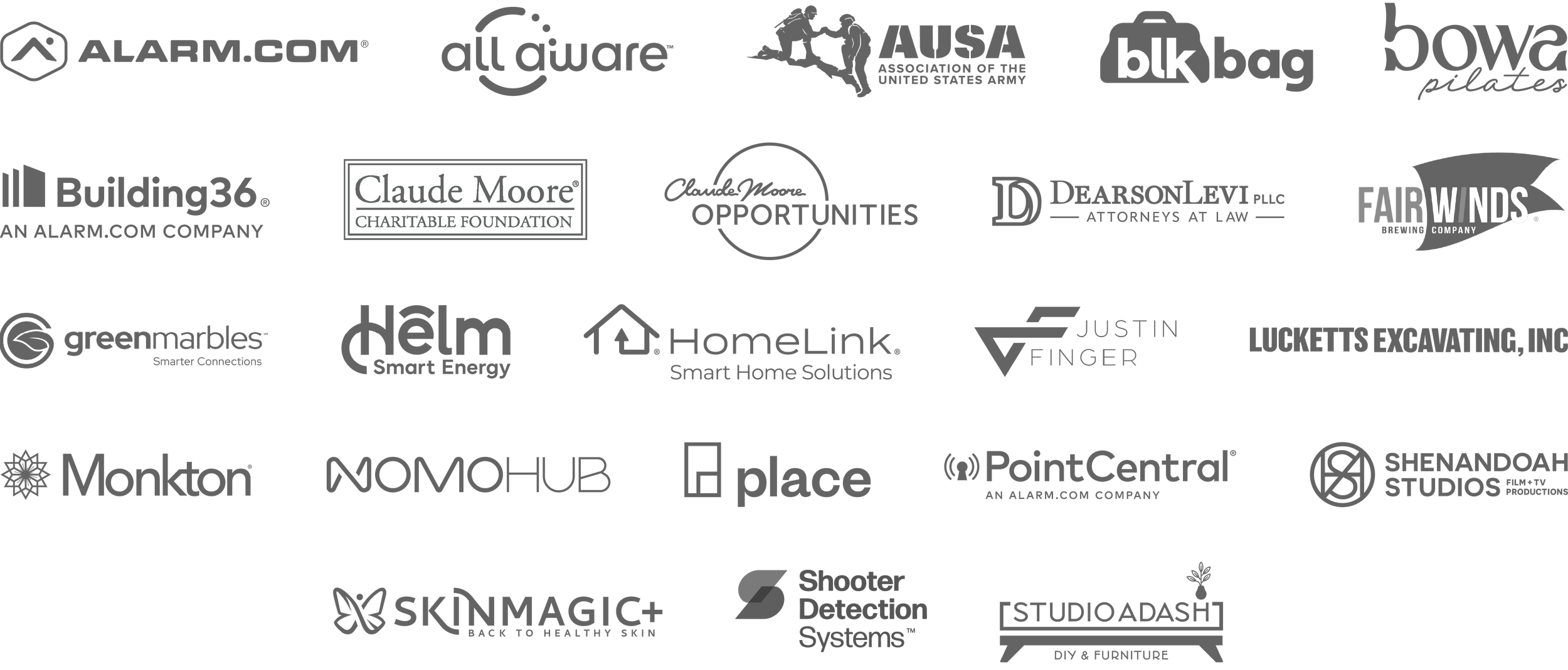 Logo collage of The Mega Creative Company's past and present clientele to include: Alarm.com, AUSA, Bowa Pilates, Building36, Claude Moore Charitable Foundation, HomeLink Smart Home Solutions, Monkton, NomoHub, PointCentral, Fair Winds, Blk Bag