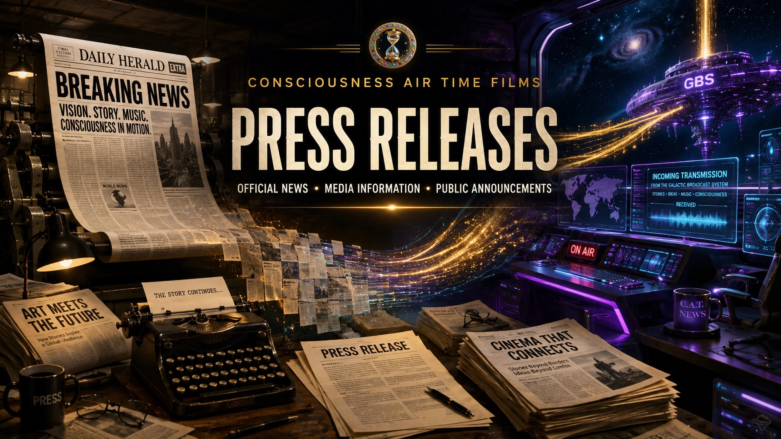 Consciousness Air Time Films Press Releases newsroom bridging a vintage printing press and typewriter with a futuristic digital broadcast station.