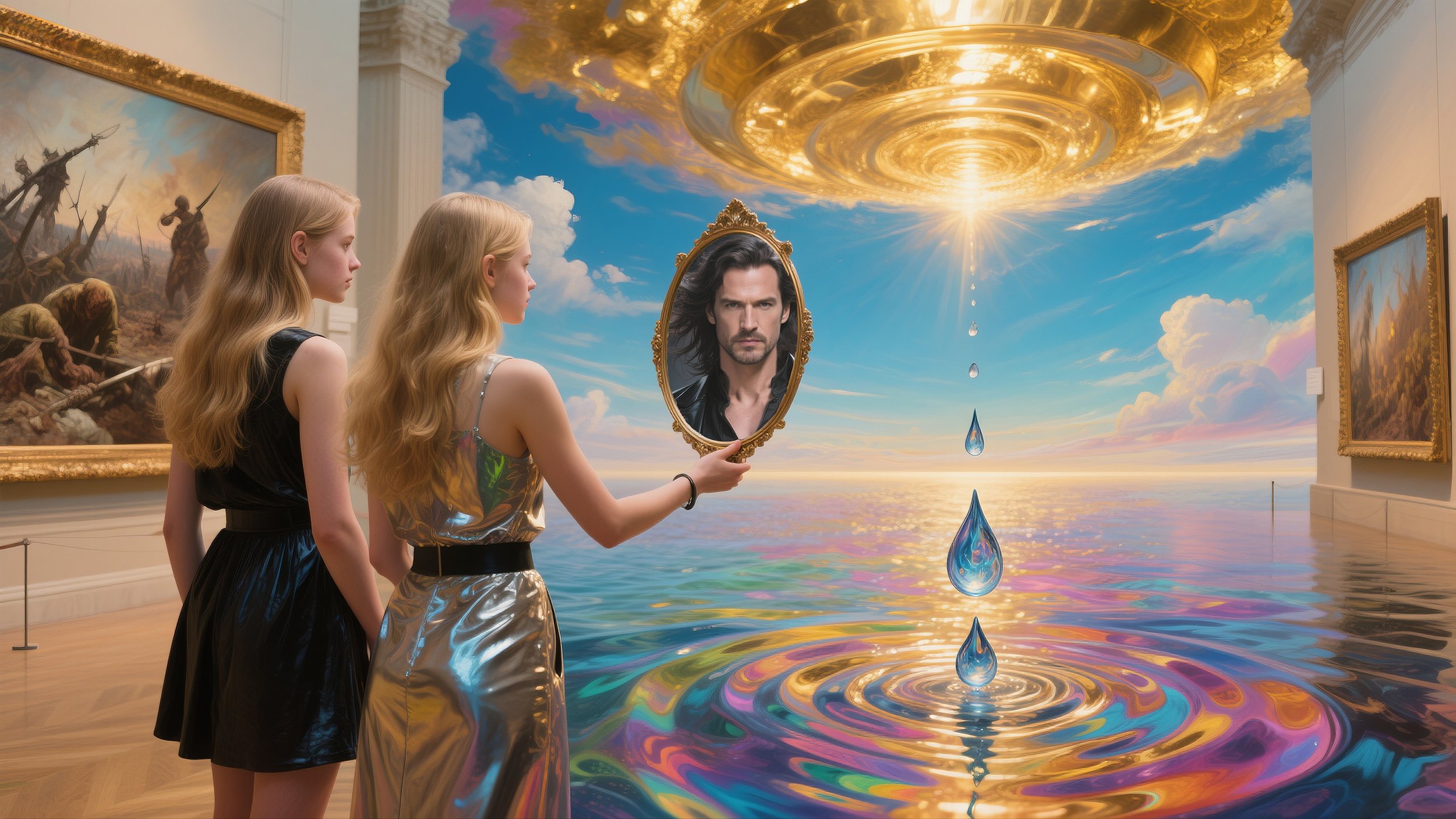 Surreal art gallery scene from "Reality Is a Personal Painting" showing two women holding a mirror reflecting a man's face above a luminous ocean and concentric ripples, exploring perception, reflection, and consciousness.