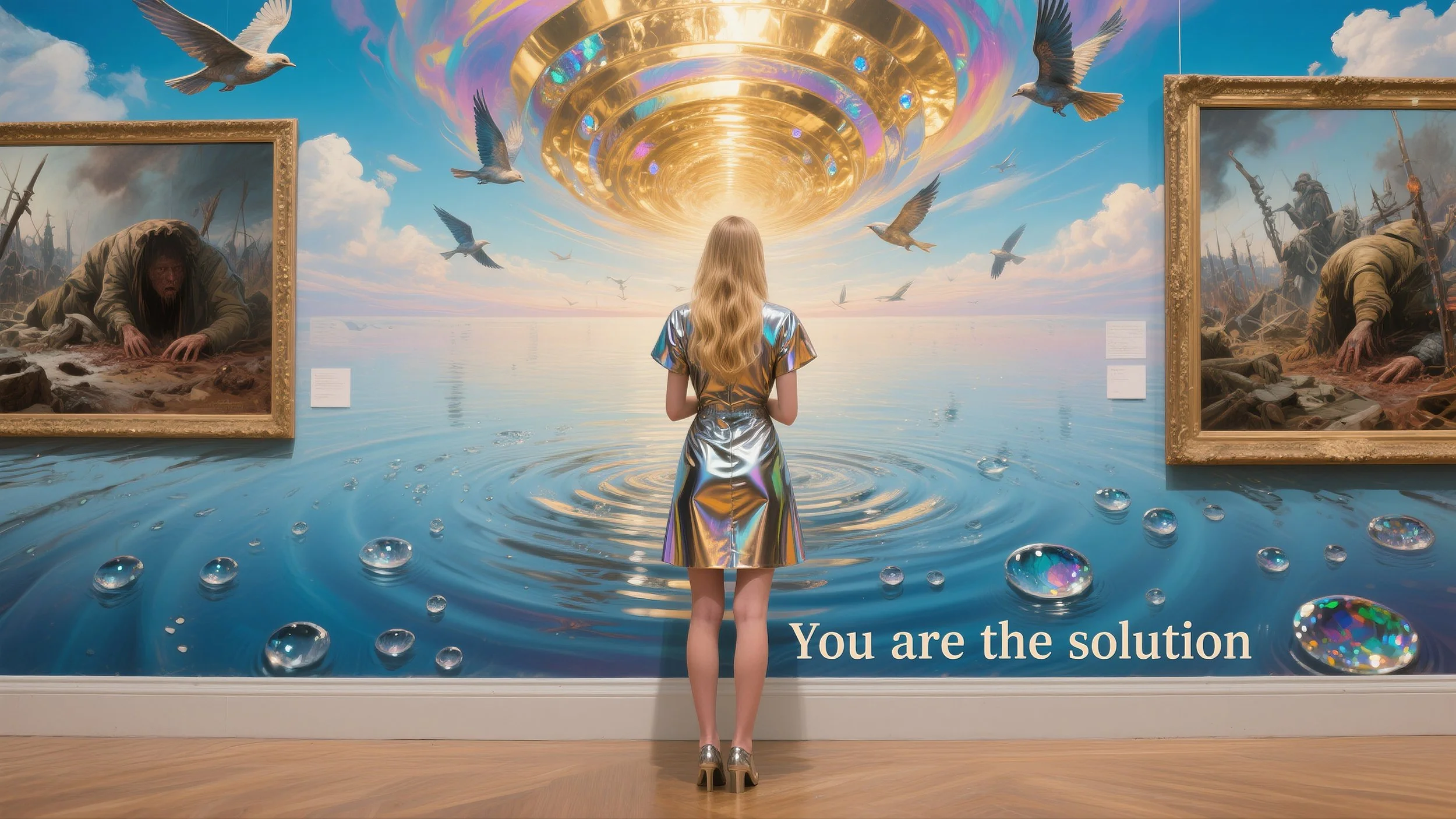 Surreal artwork from Consciousness Air Time showing a woman facing a luminous ocean beneath a celestial sky, illustrating the message "You are the Solution" and the journey of self-discovery.