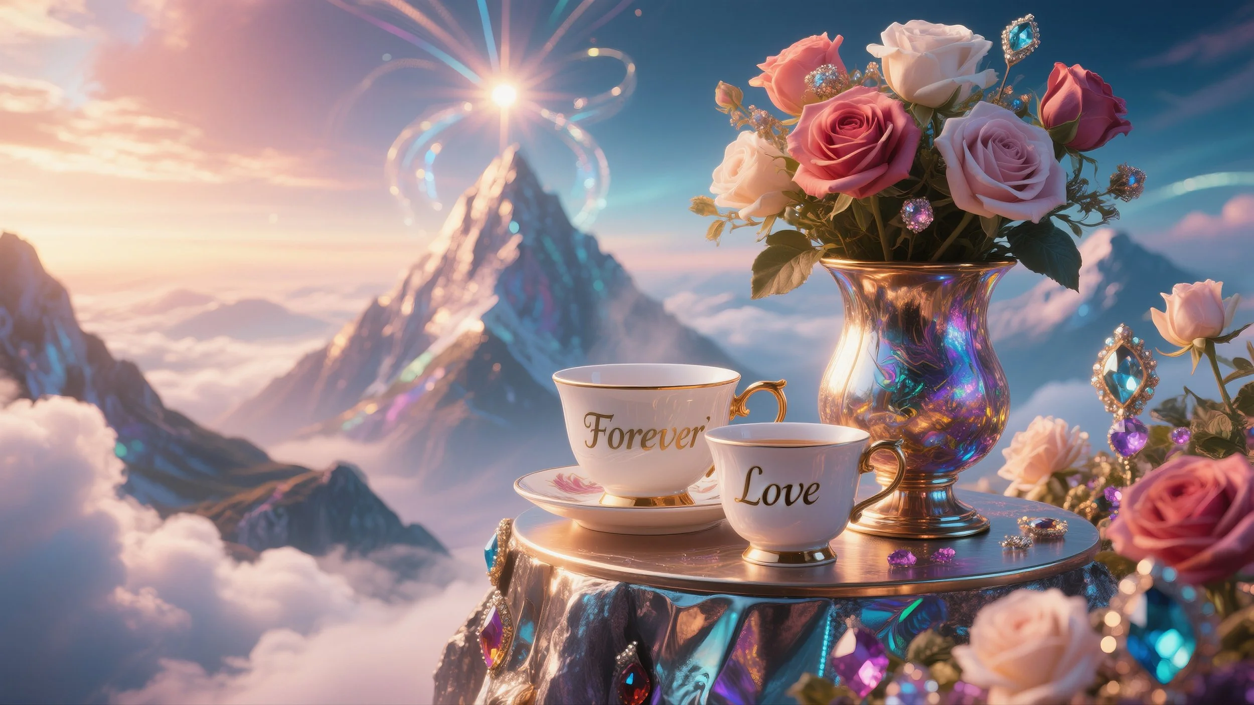 A peaceful tea setting overlooking a radiant mountain landscape, symbolizing contemplation, conscious choice, and the quiet path to inner peace.