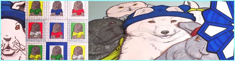 Illustration of dogs and a comic-style puppy print with various colorful pop art portraits of dogs in different colors and a close-up of a dog with a stick and a person’s face in the background.