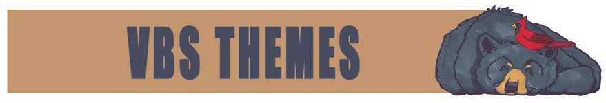 Banner with text 'VBS Themes' and a sleeping bear with a red bird on its head.