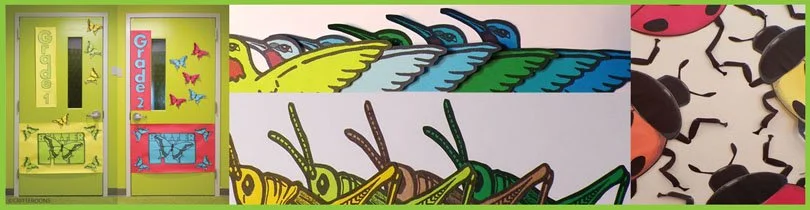 Colorful classroom door with butterfly decorations, paper butterflies, and artwork with caterpillars and ladybugs.