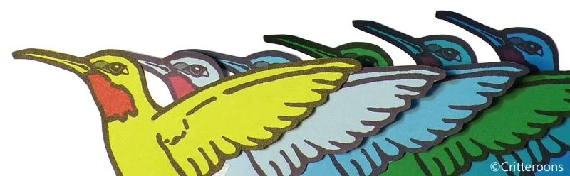 Multiple colorful hummingbirds in yellow, pink, blue, and green, drawn in a cartoon style.