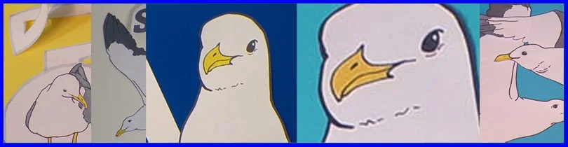 Close-up of a cartoon vulture with a white head and yellow beak, set against a blue background.