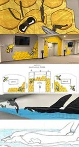 A bright yellow bee cartoon mural with large eyes, showing part of a room decorated with bee designs. The room includes a TV and a yellow honeycomb pattern, with another mural of a whale on the wall and a white whale drawing on the wall.