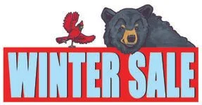Winter sale banner featuring a cartoon bear, a red bird, and large blue text