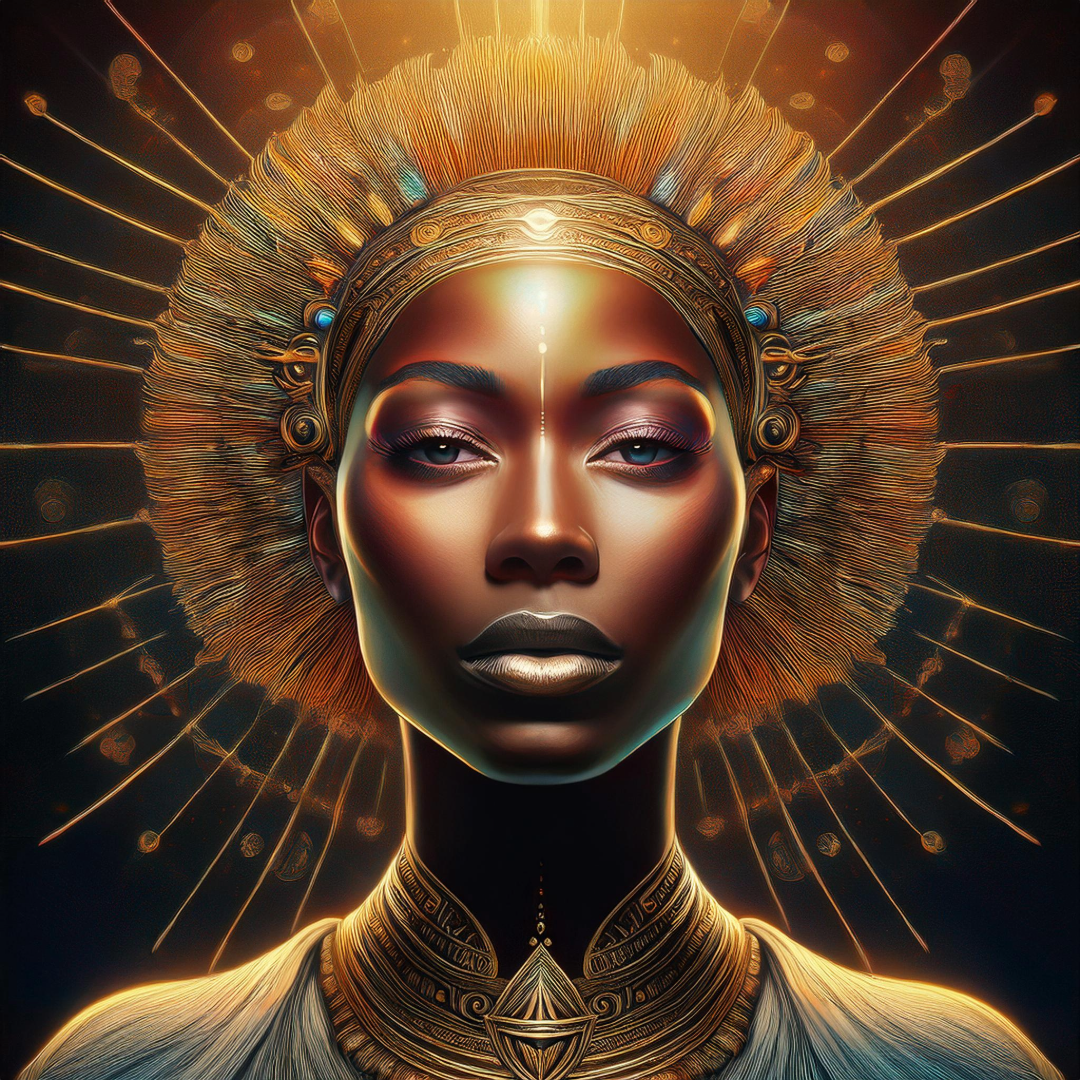 Digital artwork of a regal woman with dark skin, golden adorned headpiece, and intricate neck jewelry, featuring vibrant golden and bronze accents, with a radiant halo-like background.