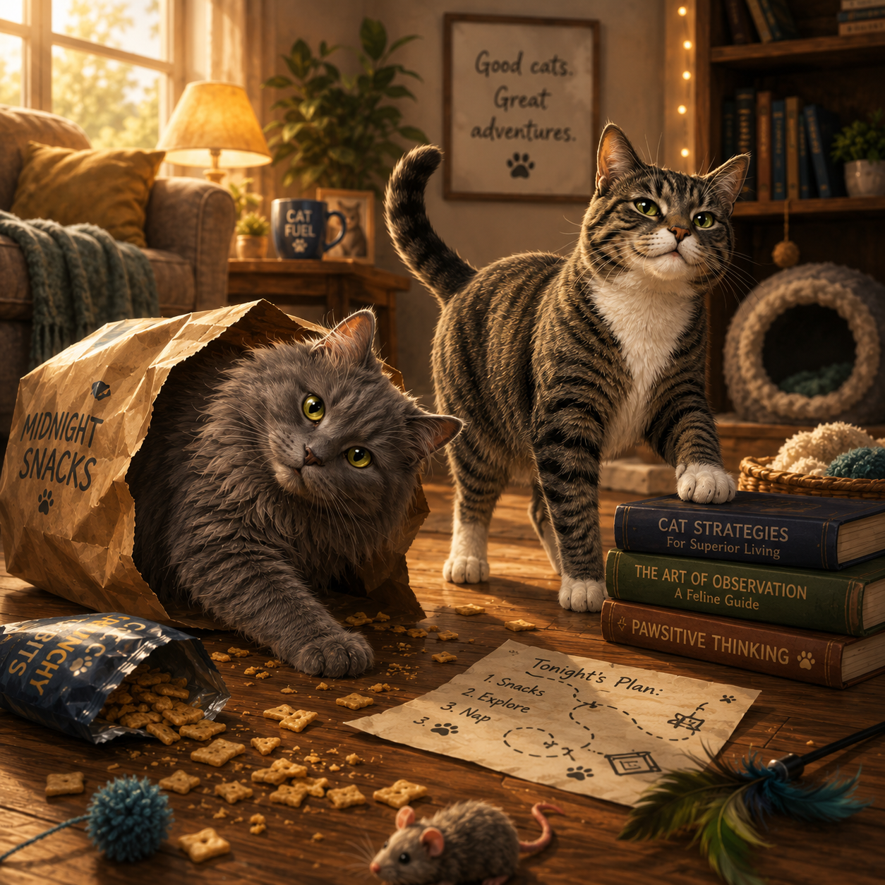 Indoor scene with two cats, one gray and fluffy inside a crumpled paper bag labeled 'Midnight Snacks' and the other tabby standing on a stack of books, with snacks, a mouse toy, and a handwritten plan on the floor, in a cozy living room with warm lighting, plants, and bookshelves.