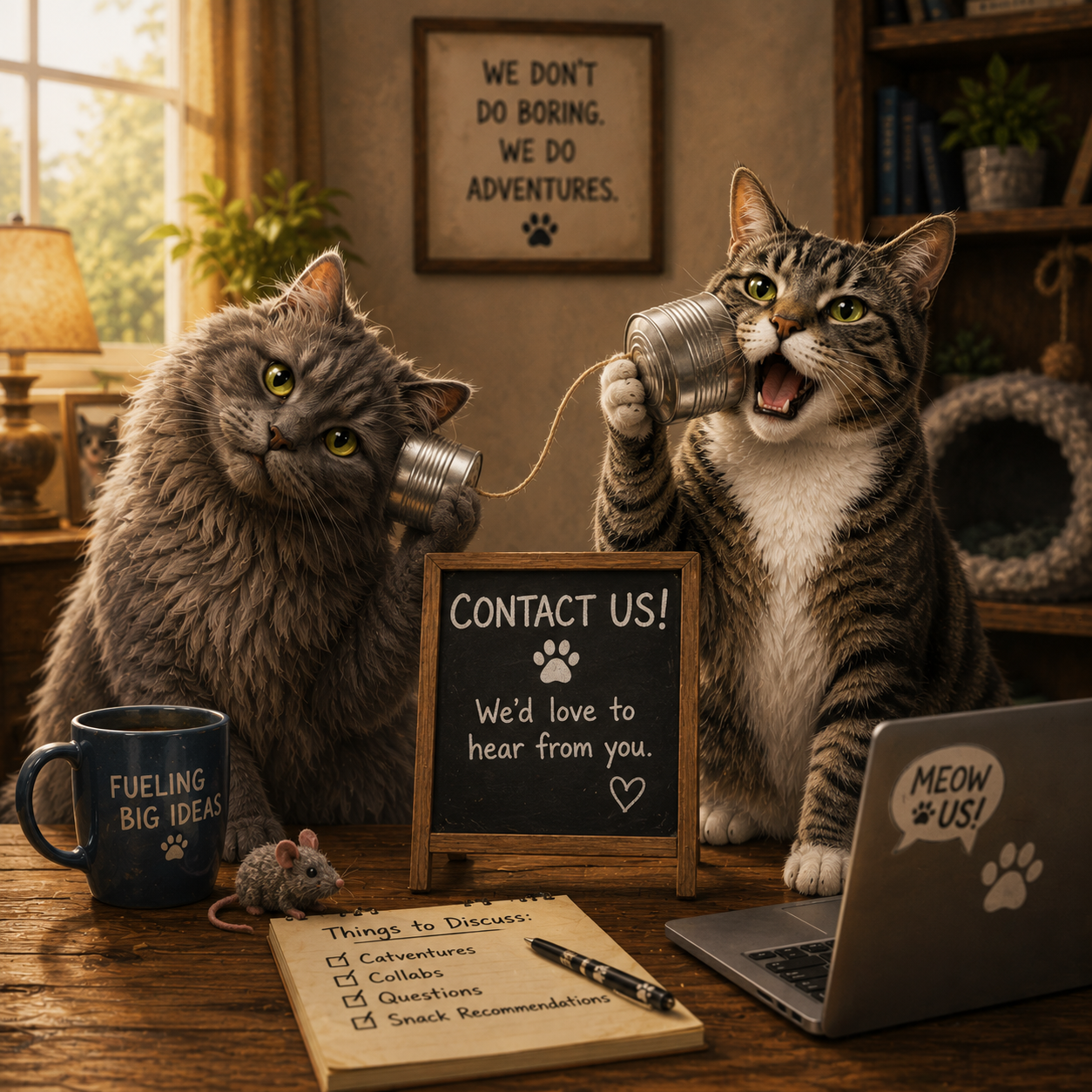 Two cats holding cans with strings, sitting at a desk with a chalkboard sign that says 'Contact us! We'd love to hear from you.' A mug that says 'Fueling big ideas,' a small toy mouse, a notebook titled 'Things to discuss' with checklist, a pen, a laptop with a sticker that says 'Meow us!', and a framed sign on the wall that reads 'We don't do boring. We do adventures.' The room has a window, plants, and bookshelves.
