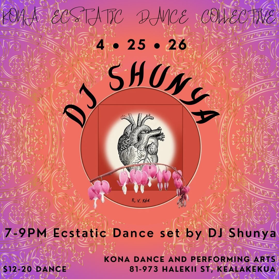 🌀
Saturday 4.25 🌔 &lsquo;Ole-Pau Moon
7-9pm Ecstatic Dance Set by DJ Shunya
📍Kona Dance and Performing Arts
Dance Entry: $12-20
🌀

DJ Shunya (Keri Sender) takes&nbsp;dancers&nbsp;on a deep dive journey through 5Rhythms influenced waves of diverse