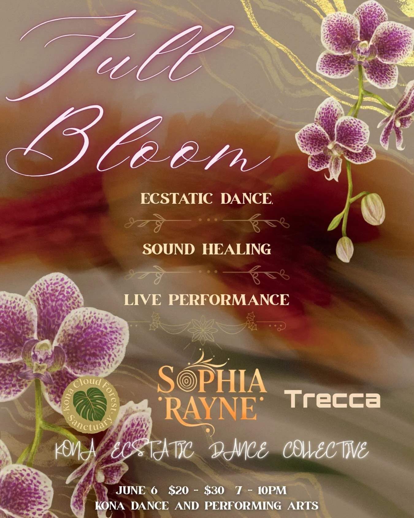 🌸Full Bloom🌸
Saturday 6.6 🌗 ʻOlekūlua Moon
7-10pm 
🪩Ecstatic Dance Set by Trecca with Sophia Rayne 
🪷Sound healing with Brooke and Drew of the Kona Cloud Forest Sanctuary with Sophia Rayne
🎤Live performance of original songs by Sophia Rayne
📍K