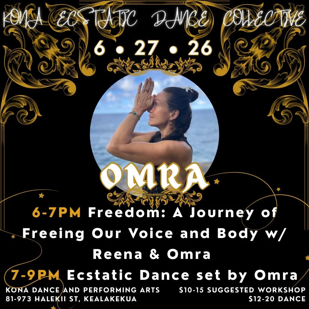 ✨
Saturday 6.27 🌕 Akua Moon
6-7pm Freedom: A Journey of Freeing Our Voice and Body W/ Reena and Omra
7-9pm Ecstatic Dance Set by Omra
📍Kona Dance and Performing Arts
Workshop: $10-15 suggested 
Dance Entry: $12-20
✨

🪩on the Dance 
Hot summer nigh