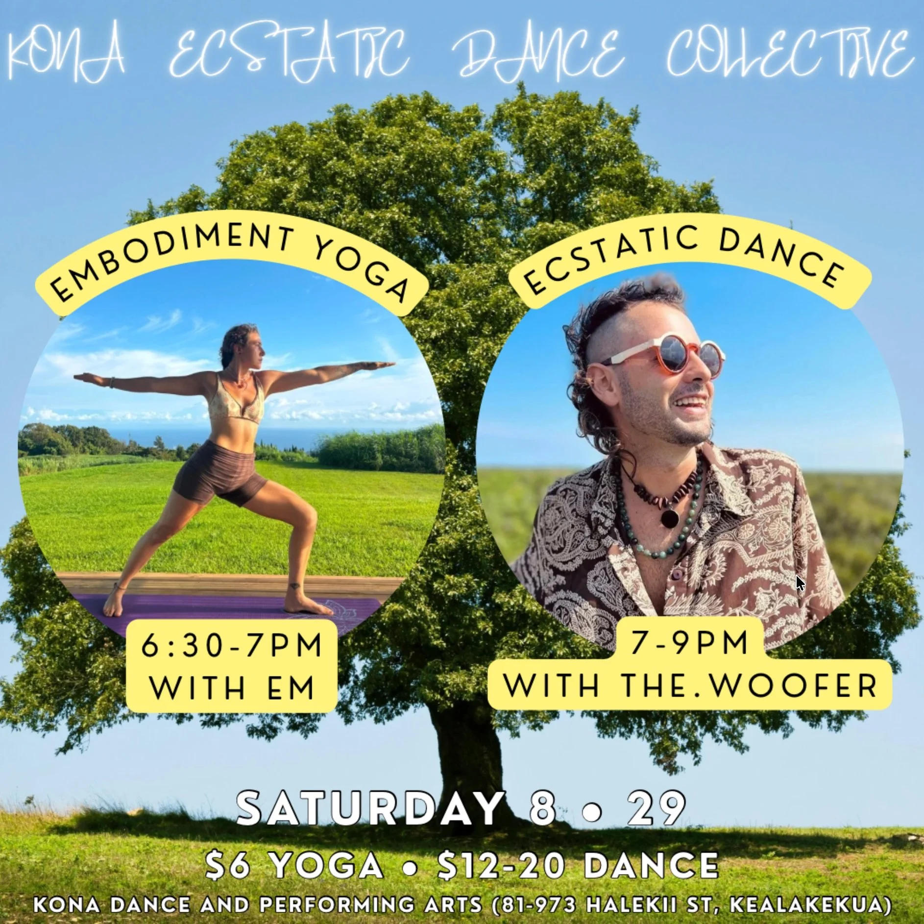 🌳
saturday 8.29 🌖 Lā&lsquo;au-Kū-Kahi Moon
6:30-7pm Embodied Yoga with Em
7-9pm Ecstatic Dance set by The.Woofer
📍Kona Dance and Performing Arts
Dance Entry: $12-20
🌳

🧘&zwj;♀️on the yoga:
Become one with yourself, feel embodied and empowered be