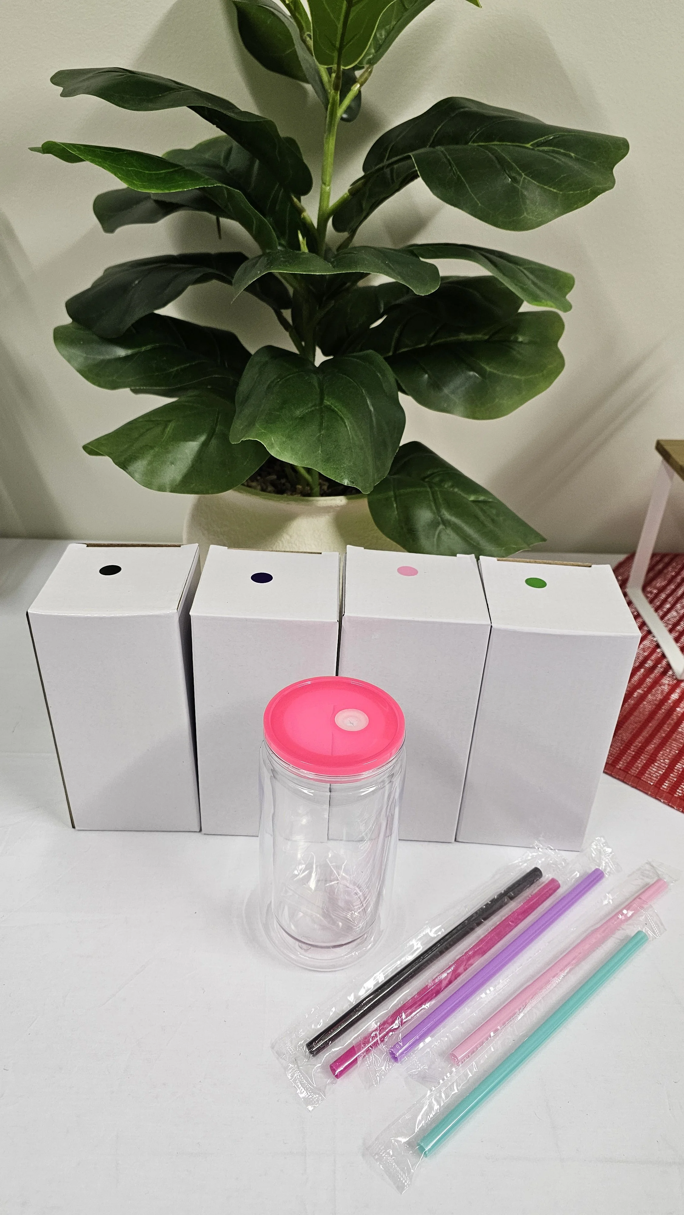16oz clear acrylic snow globe tumbler blanks with assorted coloured lids, pre-drilled filling hole and double-wall construction, ready for glitter tumbler and custom drinkware creations..jpg