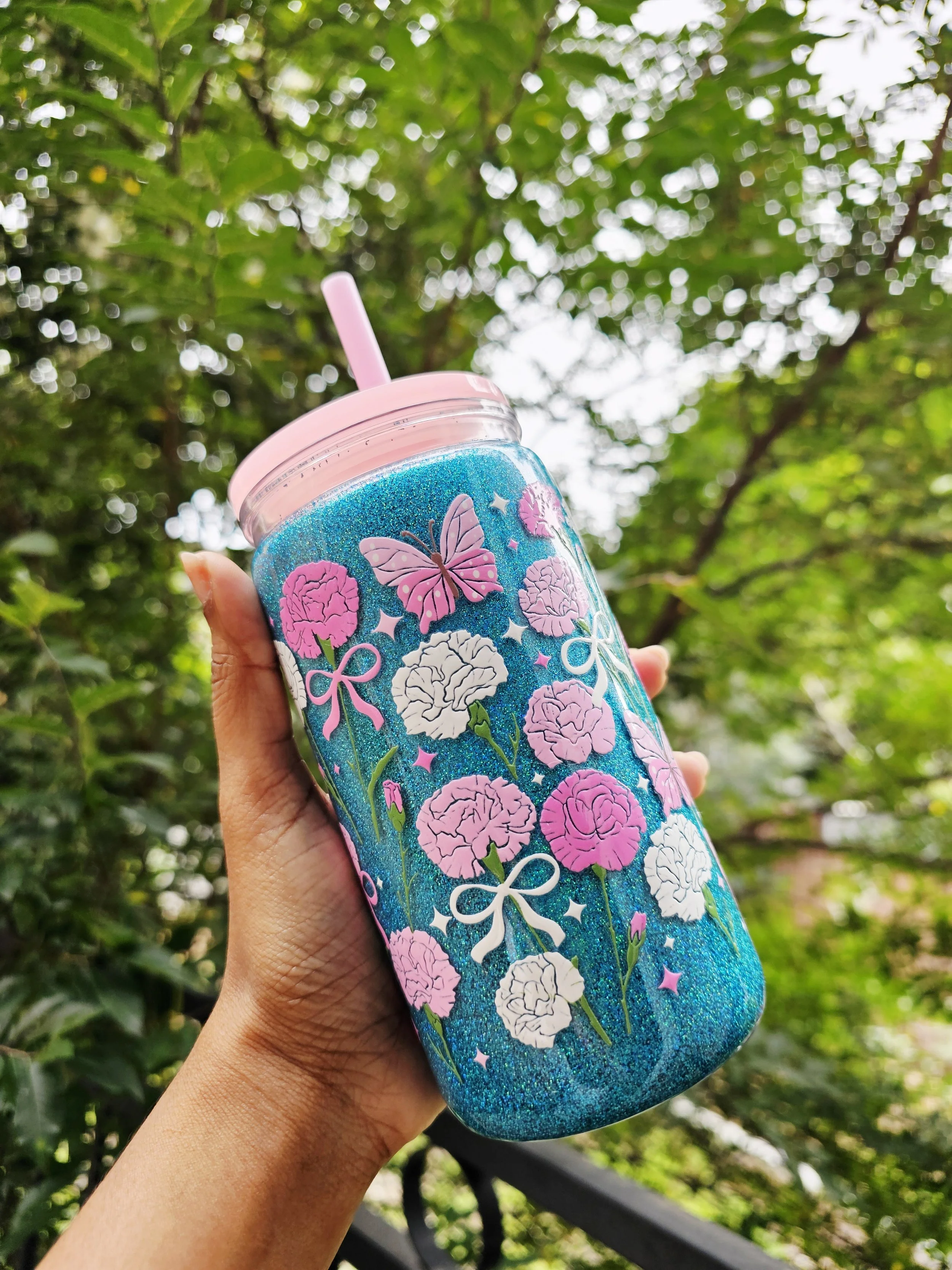 Blue Floral Butterfly Glitter Tumbler.jpg