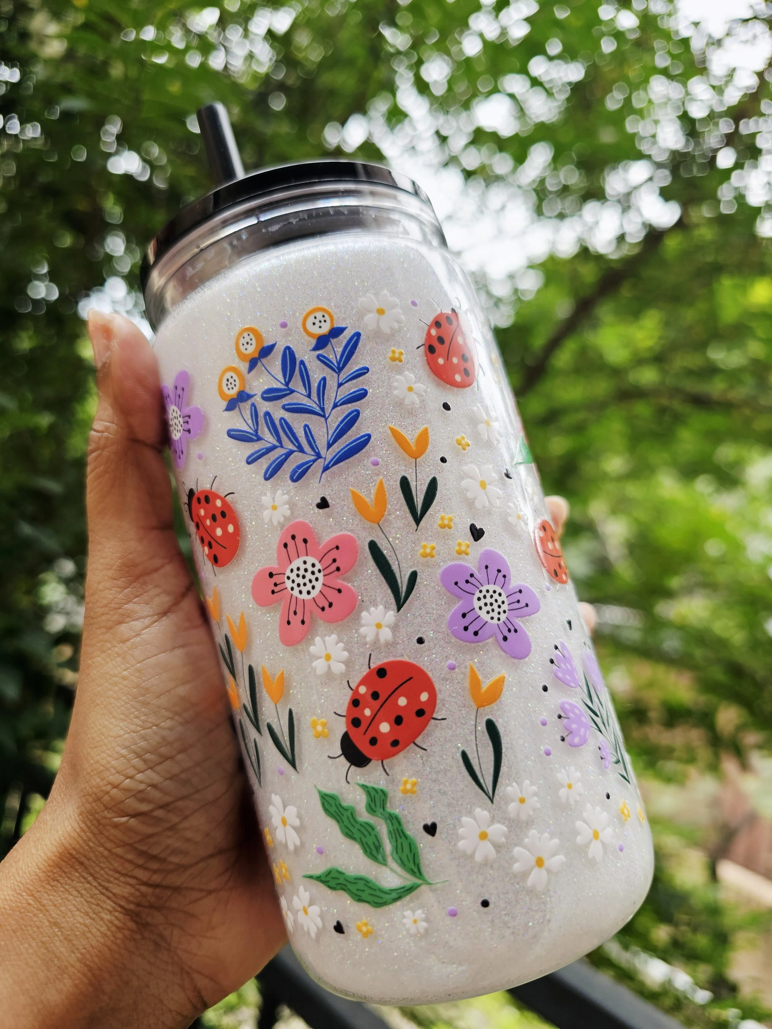 Floral Ladybug Glitter Tumbler.jpg