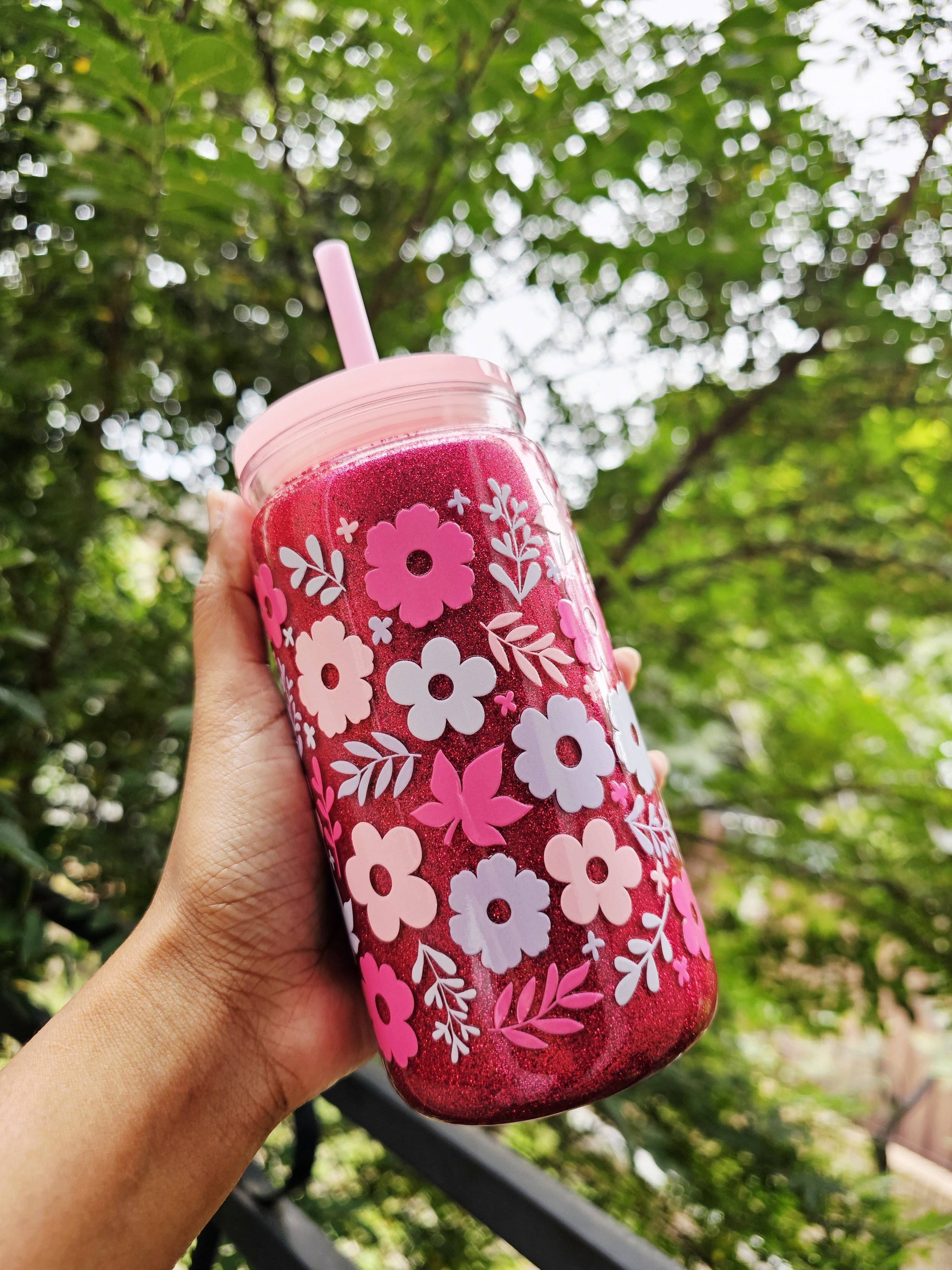 Pink Floral Glitter Tumbler.jpg