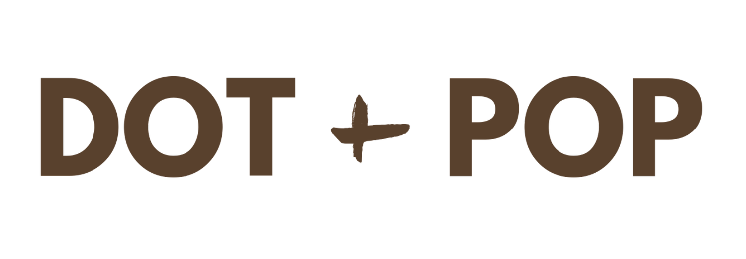 Graphic logo with the words "DOT + POP" in dark brown capital letters, with a small airplane silhouette between the words.