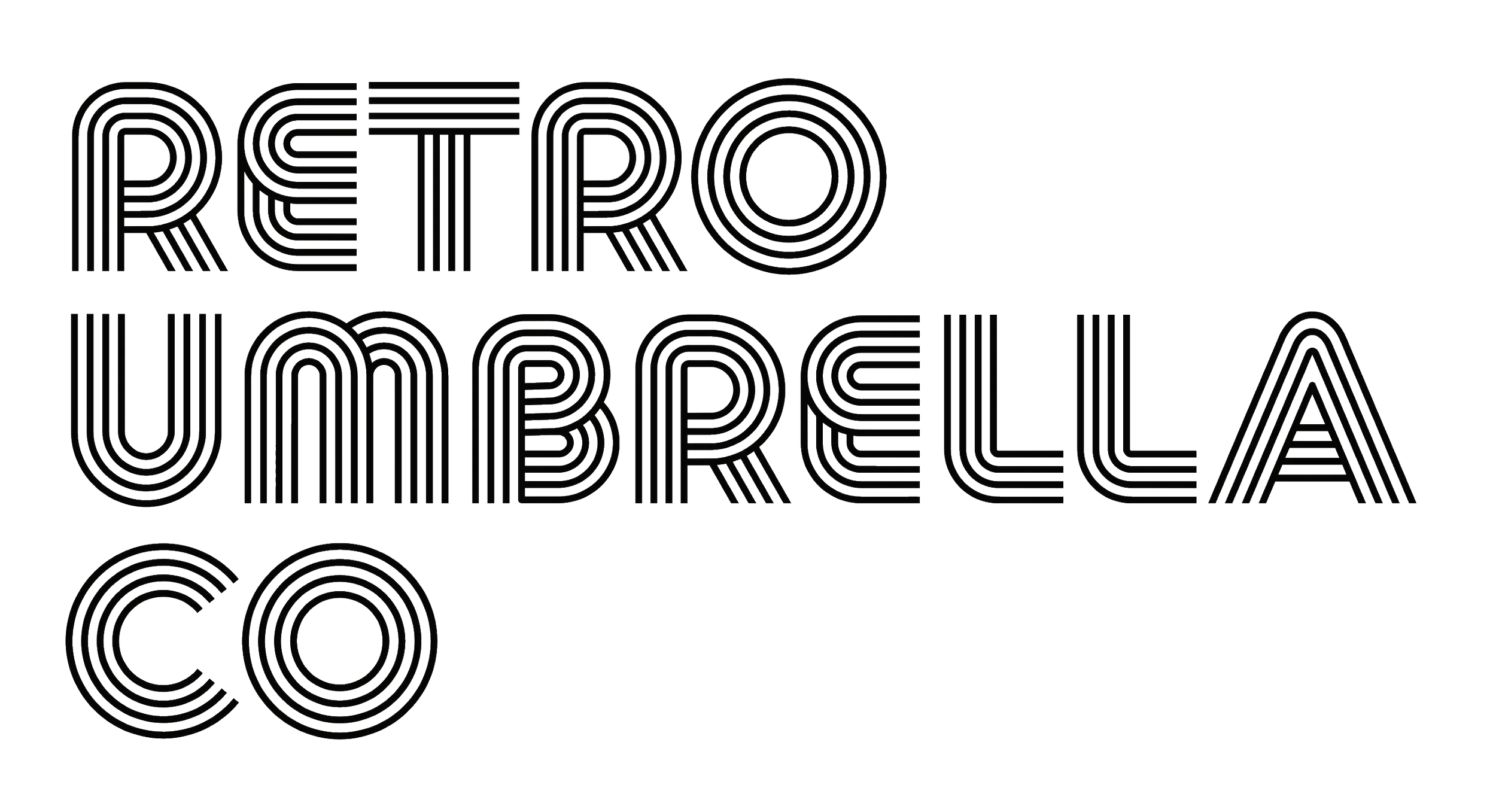 Stylized white text on black background reading 'RETRO UNBRELIA CO' with linear concentric lines outlining each letter.