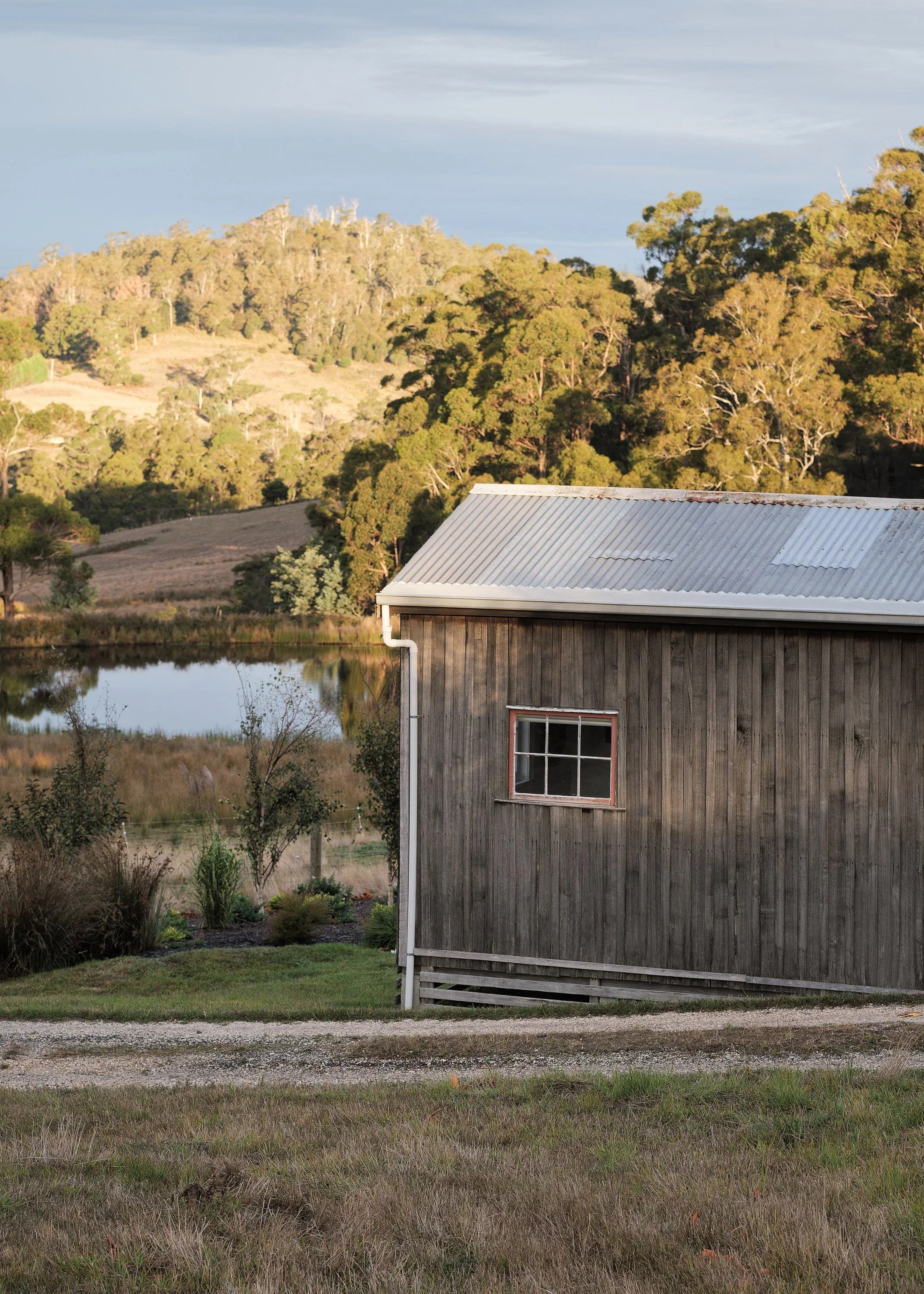 A weathered wooden barn with a metal roof is situated near a pond, with lush green trees and rolling hills in the background under a partly cloudy sky.