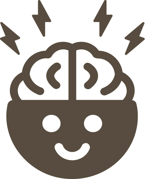 Illustration of a happy brain with lightning bolts indicating energy or excitement.
