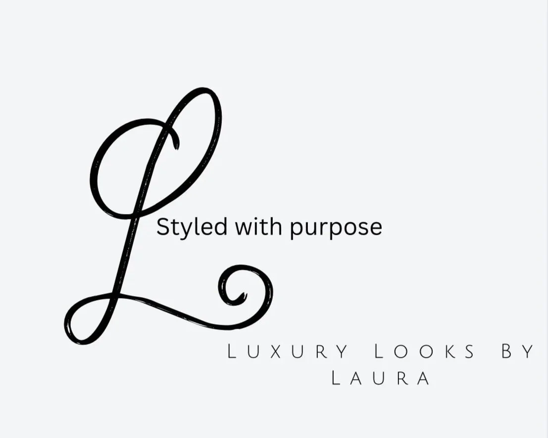 A logo with a stylized, cursive letter 'L' and the words 'Styled with purpose' and 'Luxury Looks by Laura' on a light gray background.