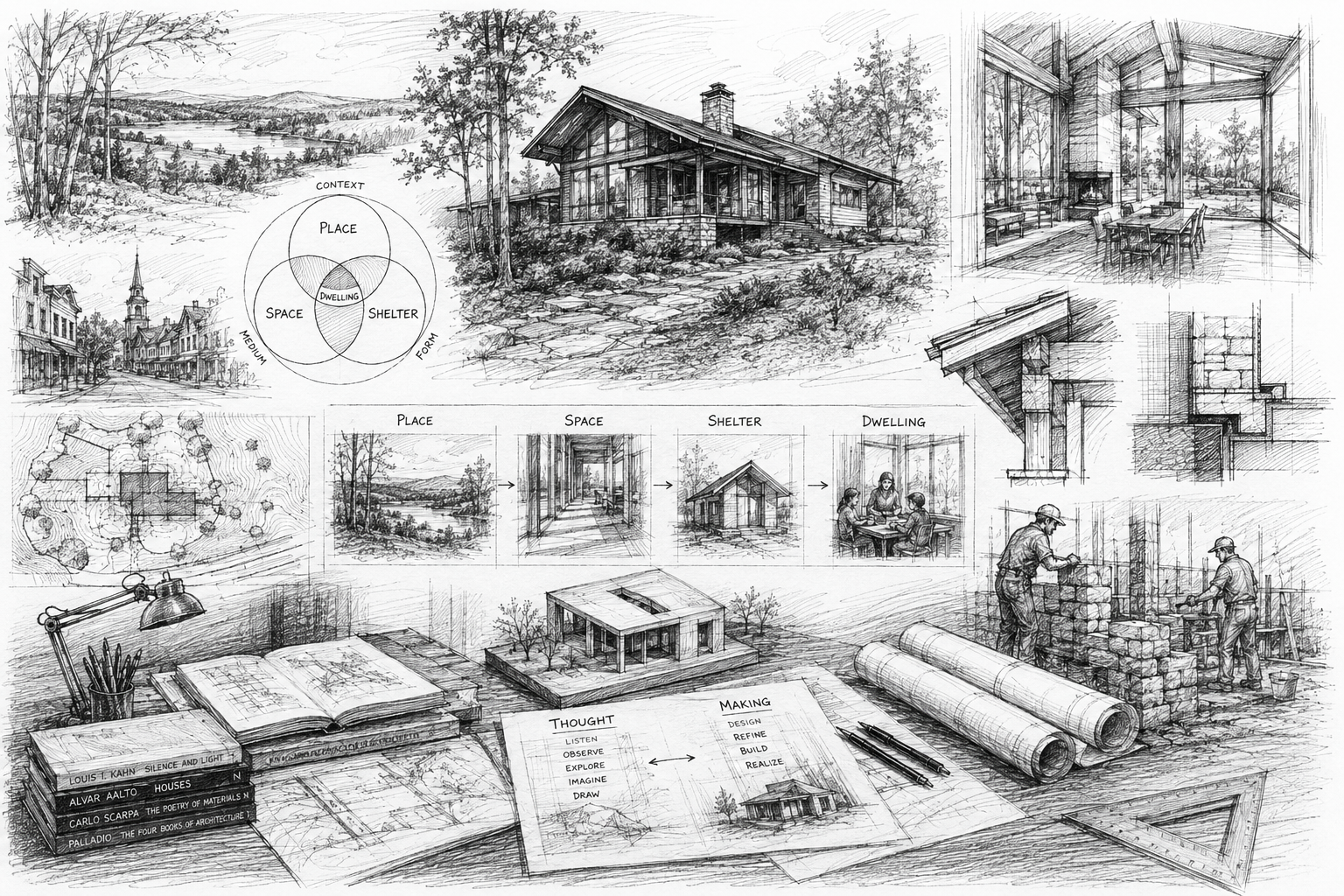 Architectural sketch depicting the design and building of Places, Spaces, and Shelters through site studies, buildings, drawings, models, and construction, illustrating architecture