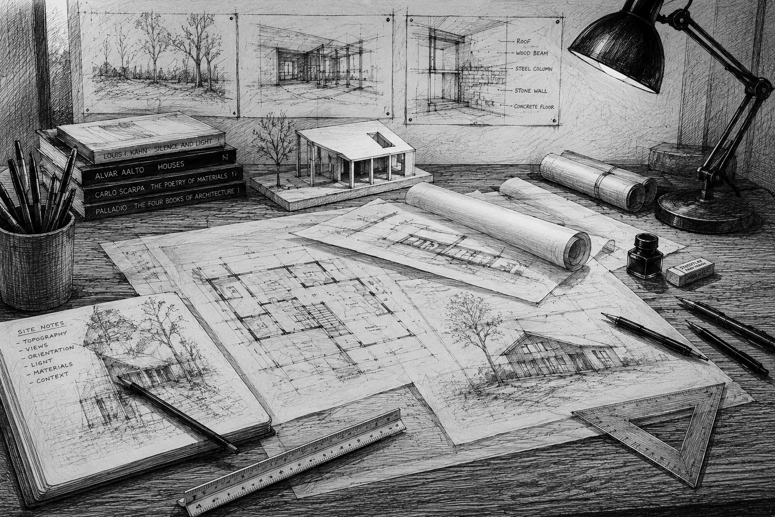 lack-and-white sketch of an architect's workshop showing architectural drawings, sketchbooks, drafting tools, and a study model on a drafting table.