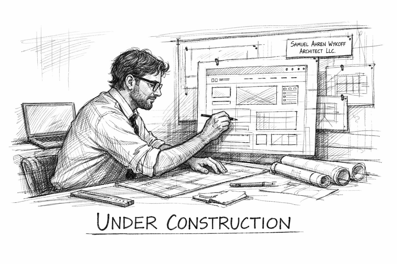 Black-and-white sketch of an architect at a drafting table with architectural drawings and the words "Under Construction" beneath