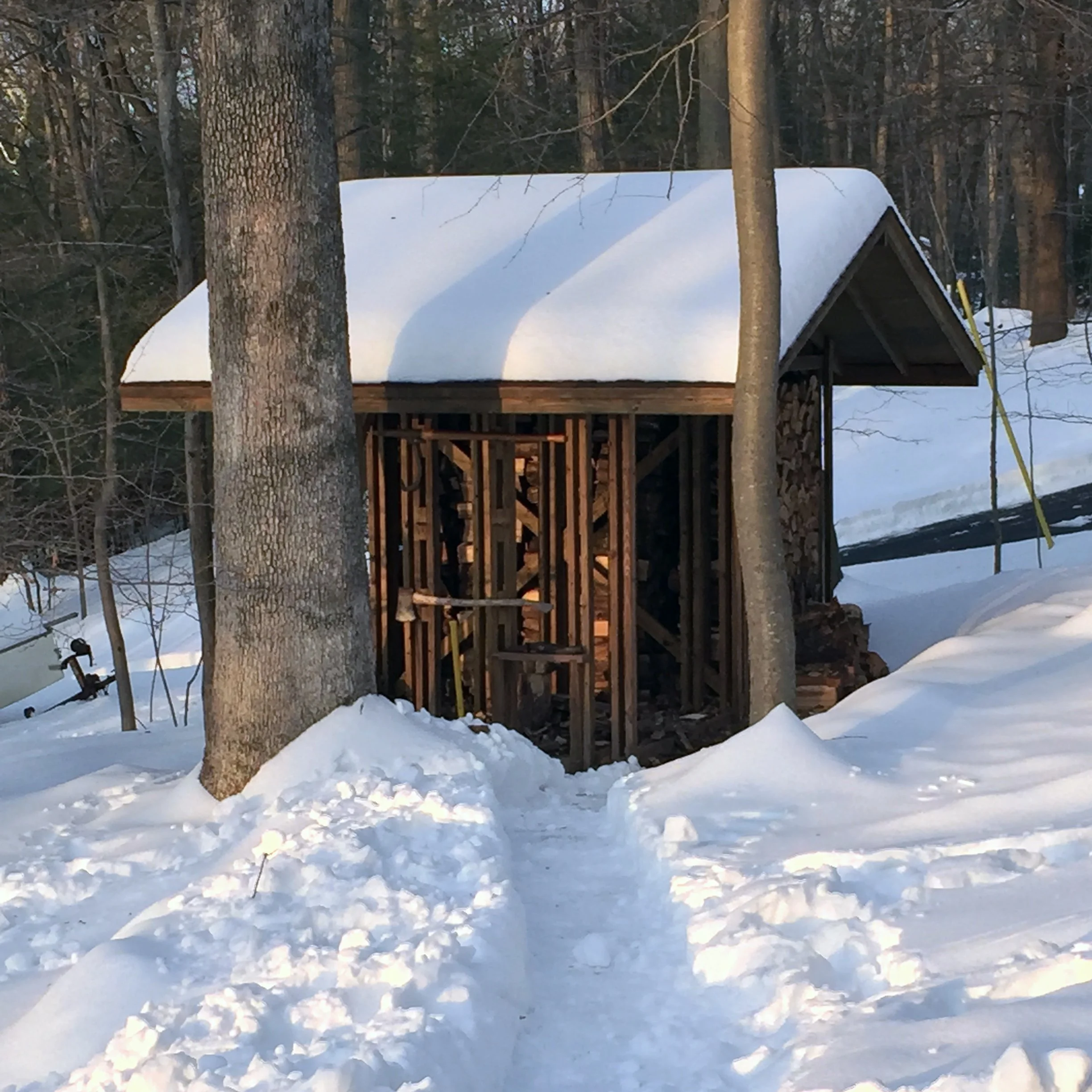 Woodshed after a winter snowfall